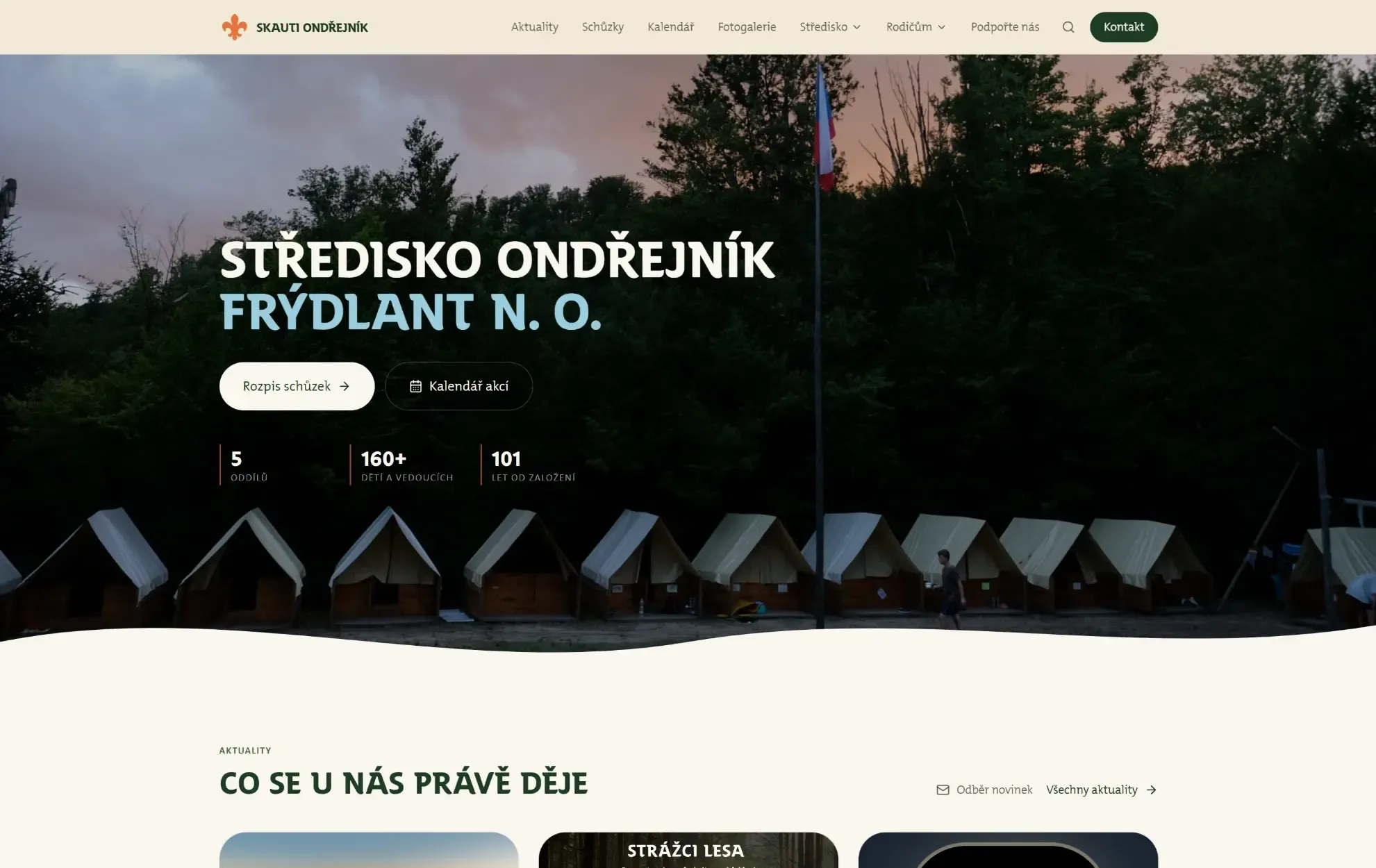 Úvodní stránka webu skautského střediska Ondřejník Frýdlant nad Ostravicí s rozpisem schůzek a kalendářem akcí