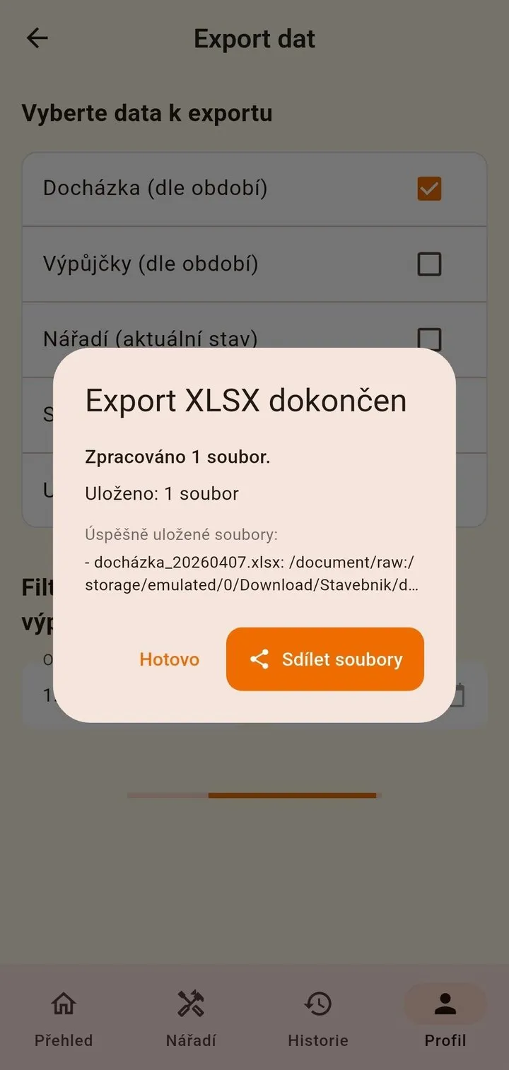 Stavebník v telefonu: export docházky do Excelu dokončen, tlačítko Sdílet soubory