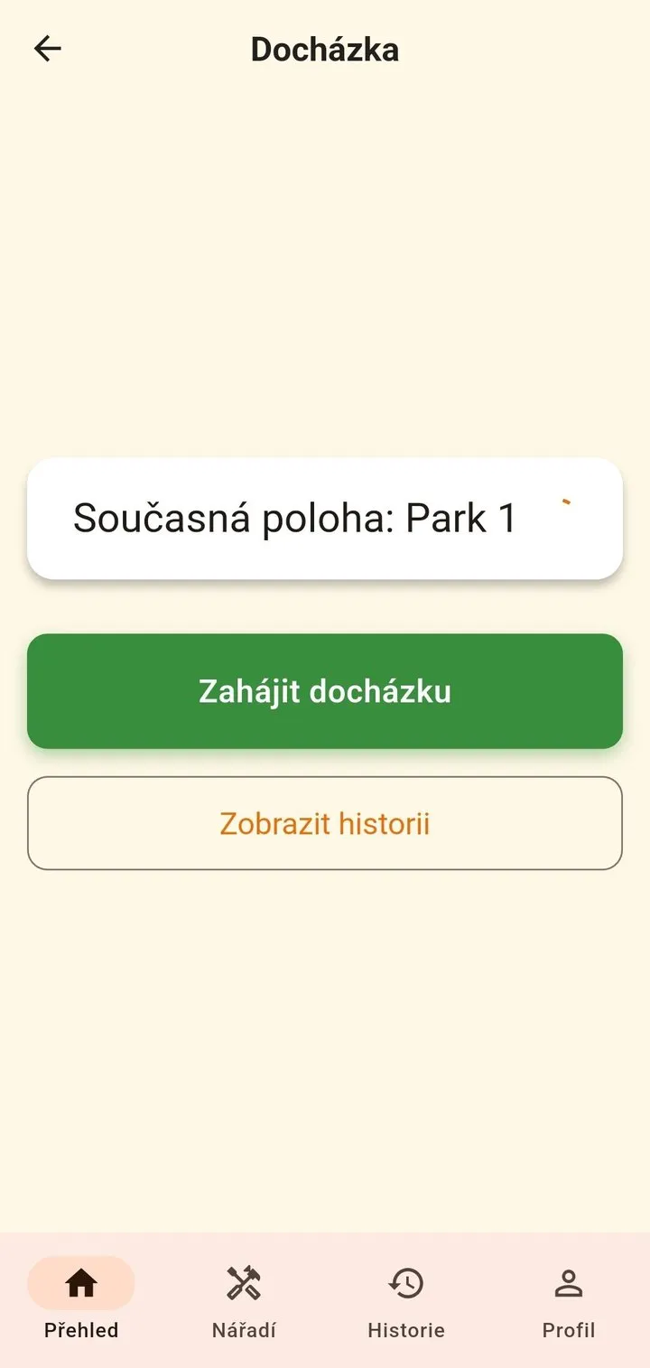 Stavebník v telefonu: současná poloha Park 1 a tlačítko Zahájit docházku