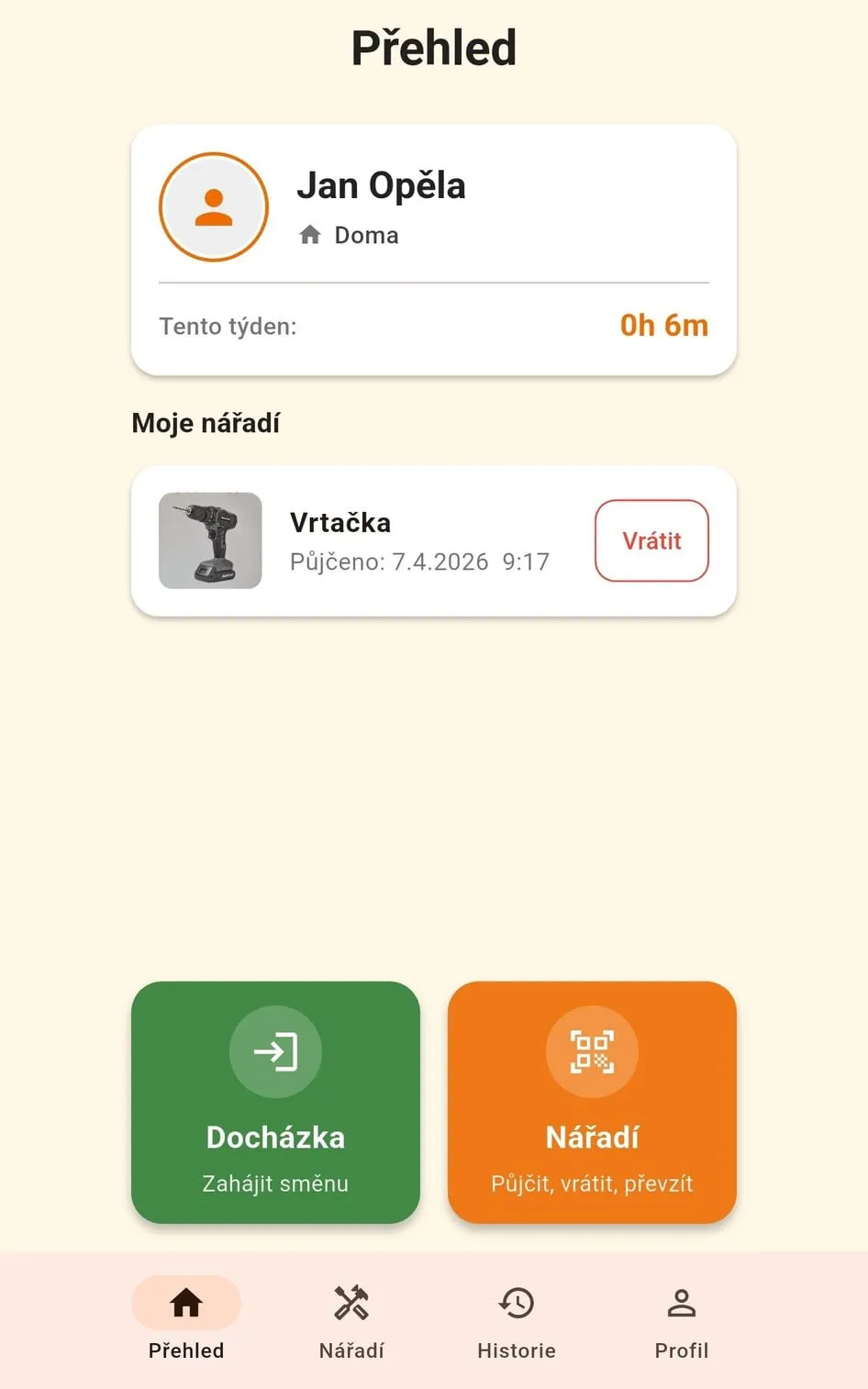Stavebník v telefonu: přehled pracovníka s hodinami za týden, vypůjčenou vrtačkou a tlačítky Docházka a Nářadí